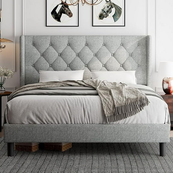 iPormis Queen Size Bed Frame with Diamond Button Tufted Wingback Headboard, Upholstered Platform Bed Frame with Strong Wood Slat Support, No Box Spring Needed, Light Gray