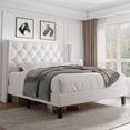 thumbnail image 1 of iPormis Queen Size Bed Frame with Diamond Button Tufted Wingback Headboard, Upholstered Platform Bed Frame with Strong Wood Slat Support, No Box Spring Needed,White, 1 of 8