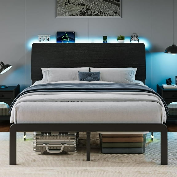 iPormis Queen Size Bed Frame with Ergonomic Storage Headboard & Charging Station, LED Platform Bed Frame, Heavy Duty Metal Slats, No Box Spring Needed, Easy Assembly,Black