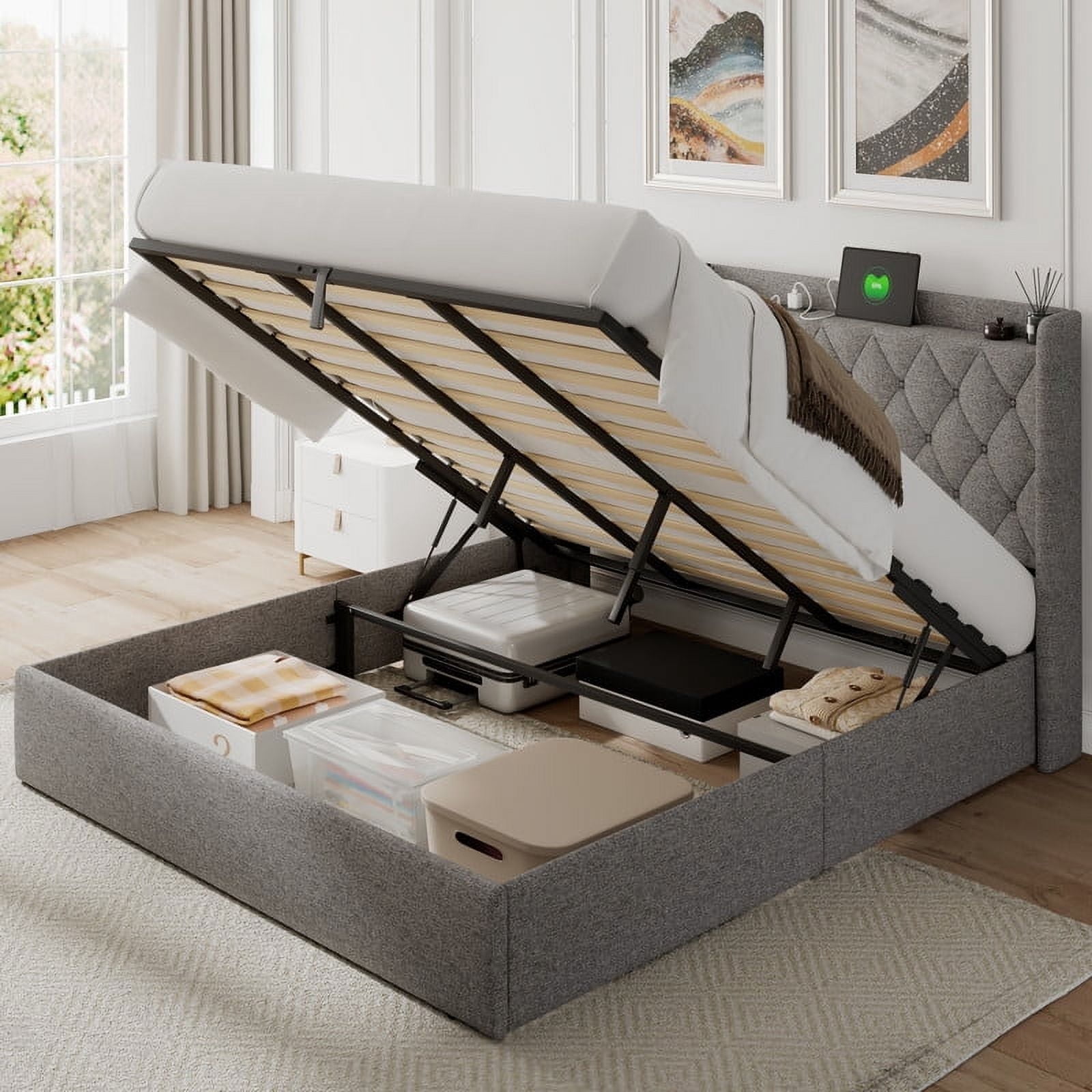 iPormis Queen Size Bed Frame with Lift Up Storage & Charging Station, Button Tufted Wingback Upholstered Headboard, Wooden Slats Support, No Box Spring Needed, Noise Free,Light Gray