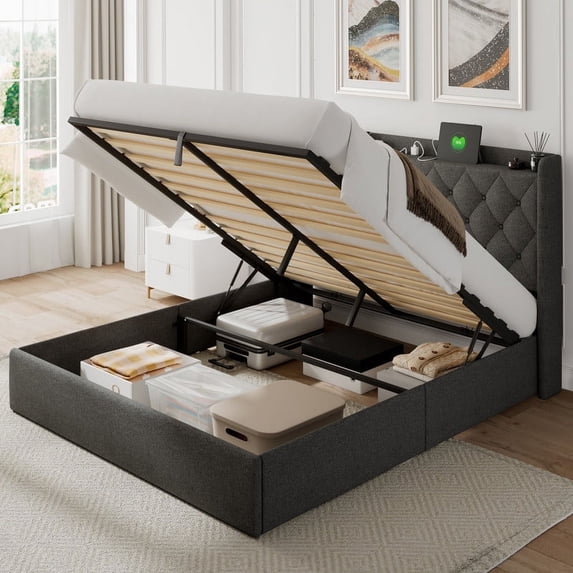 iPormis Queen Size Bed Frame with Lift Up Storage & Charging Station, Button Tufted Wingback Upholstered Headboard, Wooden Slats Support, No Box Spring Needed, Noise Free, Dark Grey