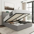 thumbnail image 1 of iPormis Queen Size Bed Frame with Lift Up Storage & Charging Station, Geometric Upholstered Storage Headboard, Heavy Duty Wooden Slats, No Box Spring Needed, Noise Free, Easy Assembly,Light Gray, 1 of 7
