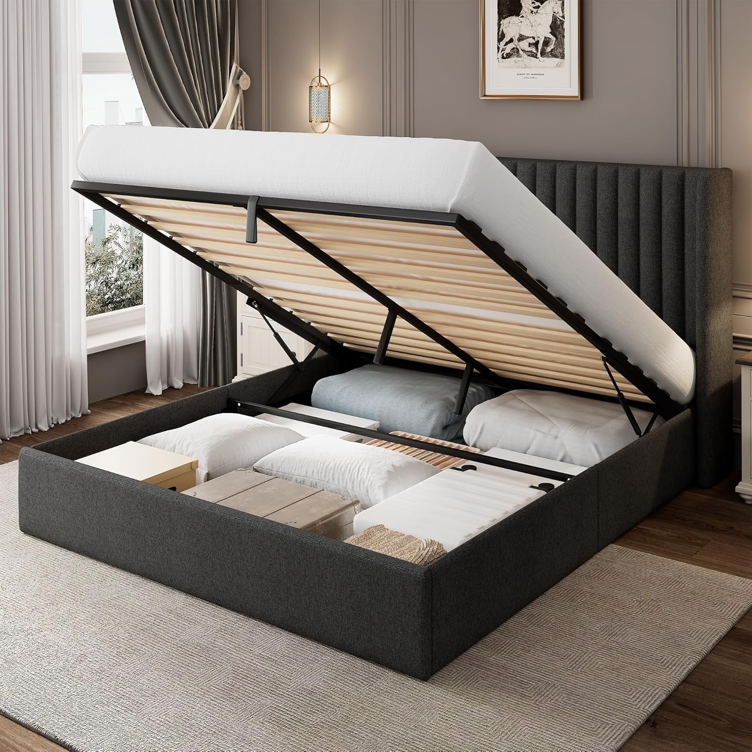 iPormis Queen Size Bed Frame with Lift up Storage & Wingback Headboard, Upholstered Linen Bed Frame with Storage, Hydraulic Storage,Dark Gray
