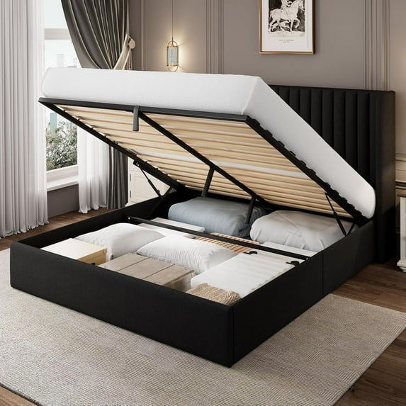 iPormis Queen Size Bed Frame with Lift up Storage & Wingback Headboard, Upholstered Linen Bed Frame with Storage, Hydraulic Storage, Black