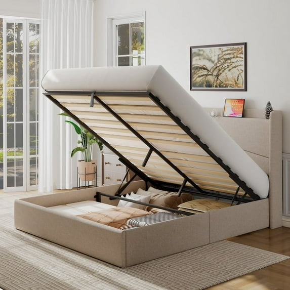 iPormis Queen Size Bed Frame with Lift Up Storage & Charging Station, Geometric Upholstered Storage Headboard, Heavy Duty Wooden Slats, No Box Spring Needed, Noise Free, Easy Assembly,Beige