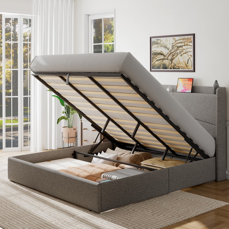 iPormis Queen Size Bed Frame with Lift Up Storage & Charging Station ...