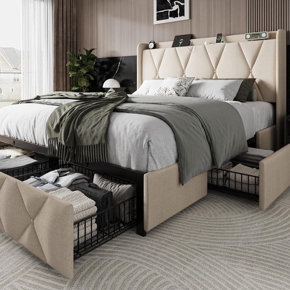 iPormis Queen Size Bed Frame with Charging Station , Upholstered Bed with 4 Storage Drawers,Beige