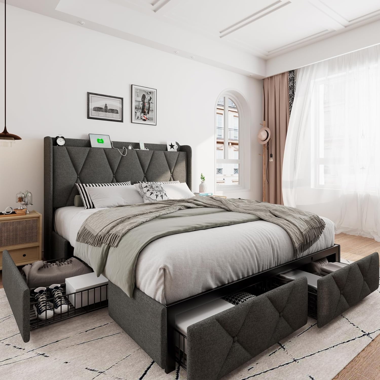 iPormis Queen Size Bed Frame with Charging Station , Upholstered Bed with 4 Storage Drawers,Dark Grey