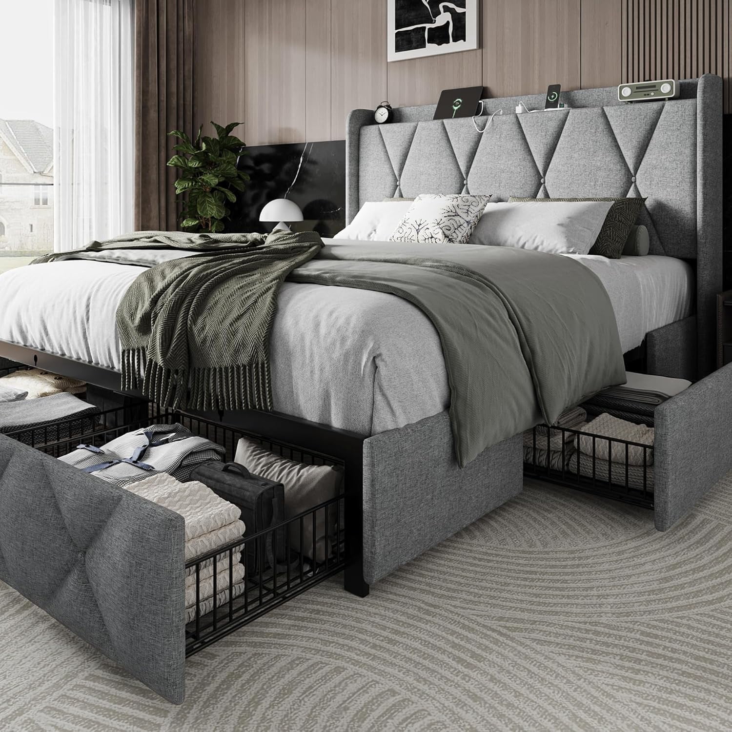 iPormis Queen Size Bed Frame with Charging Station , Upholstered Bed with 4 Storage Drawers, Light Grey