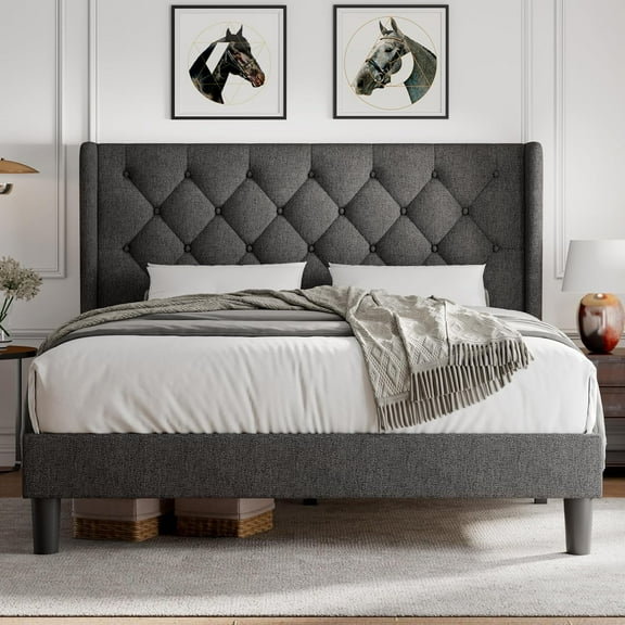 iPormis Queen Size Bed Frame with Diamond Button Tufted Wingback Headboard, Upholstered Platform Bed Frame with Strong Wood Slat Support, Dark Grey