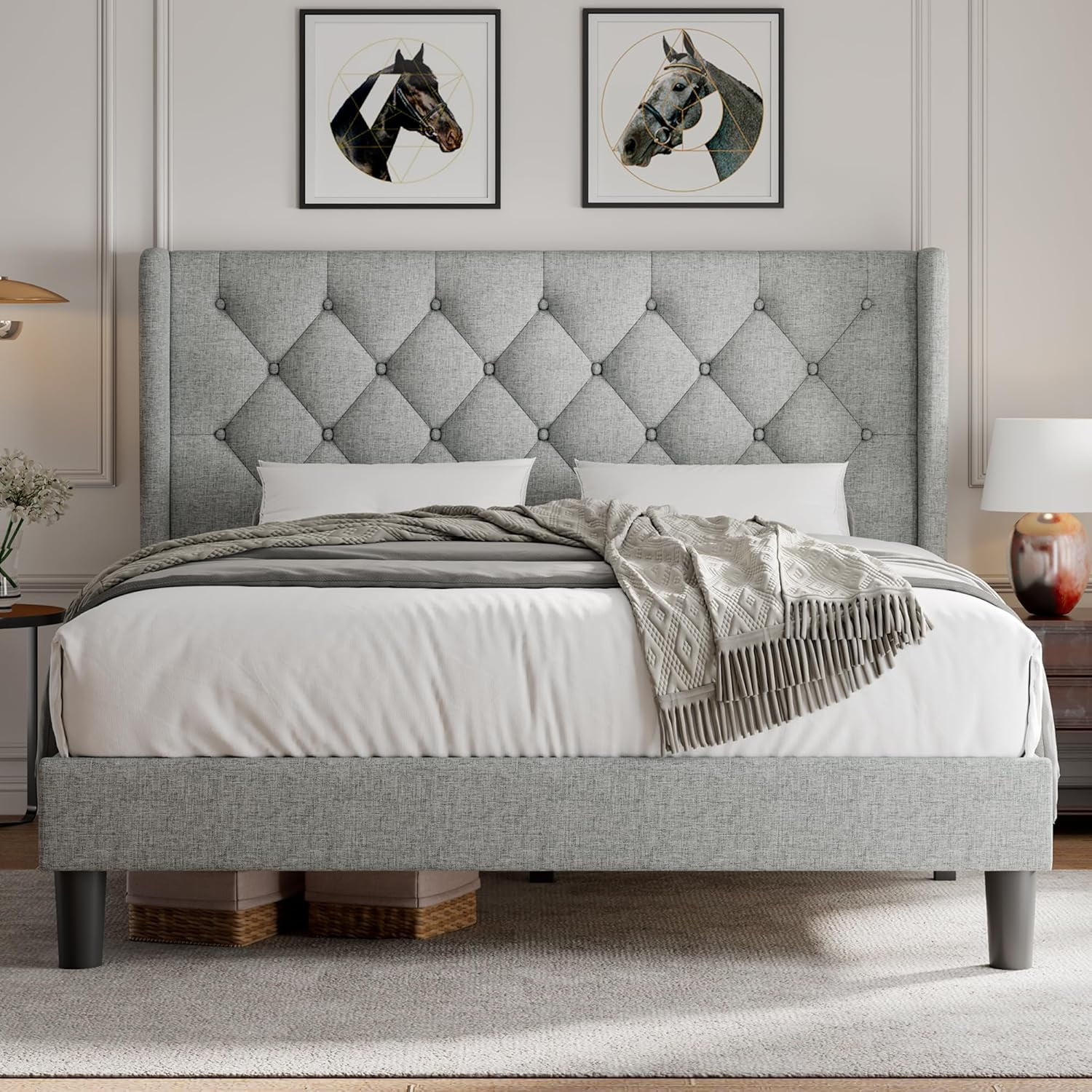 IPormis Queen Size Platform Bed Frame With Upholstered Headboard - Light Gray Modern Design