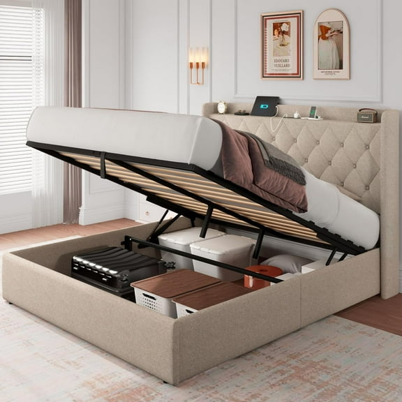 iPormis Queen Size Bed Frame with Lift up Storage & Charging Station, Button Tufted Wingback Upholstered Headboard, Wooden Slats Support,Beige