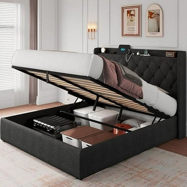 iPormis Queen Size Bed Frame with Lift up Storage & Charging Station, Button Tufted Wingback Upholstered Headboard, Wooden Slats Support, Dark Grey
