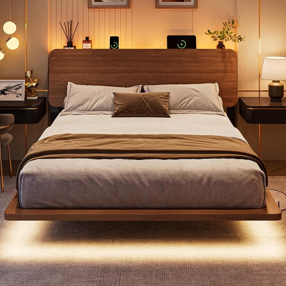 iPormis Queen Size Floating Bed Frame with LED Lights and Charging Station,Queen Bed Frame with Storage Headboard,Heavy Duty Metal Slats,Walnut