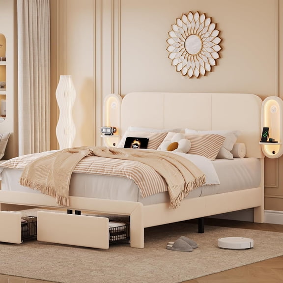 iPormis Queen Upholstered Bed Frame with 2 Storage Drawers and Side-Shelf Headboard, Velvet Bed Frame with LED Lights, USB Port and Type-C Port, Beige