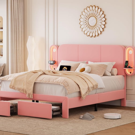 iPormis Queen Upholstered Bed Frame with 2 Storage Drawers and Side-Shelf Headboard, Velvet Bed Frame with LED Lights, USB Port and Type-C Port, Pink