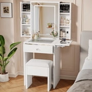 iPormis Samll Vanity Desk Set with Mirror and Lights, Glass Top Vanity with Storage, Compact Makeup Dressing Table with Stool and 2 Hidden Pull-Out Cabinets for Bedroom Small Space, White