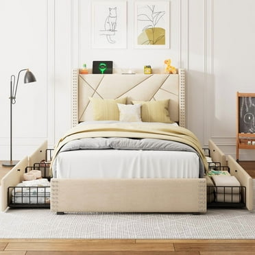 iPormis Twin Bed Frame with Charging Station & Wingback Upholstered Headboard, Platform Bed with 4 Storage Drawers , Solid Wood Slats Support, No Box Spring Needed,Beige