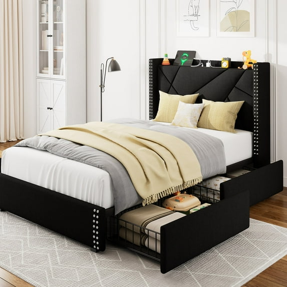 iPormis Twin Bed Frame with Charging Station & Wingback Upholstered Headboard, Platform Bed with 4 Storage Drawers , Solid Wood Slats Support, No Box Spring Needed,Black