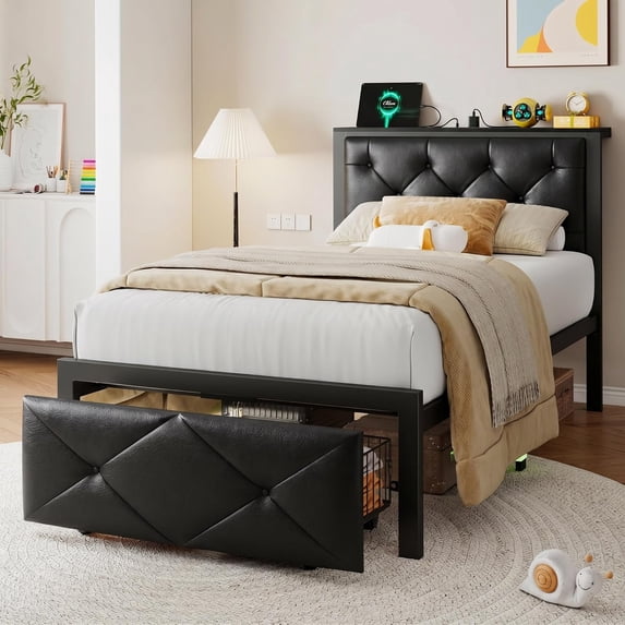 iPormis Twin Bed Frame with Storage Drawer, Metal Platform Bed with Charging Station, Upholstered Faux Leather Button Tufted Storage Headboard, No Box Spring Needed, Noise-Free, Easy Assembly, Black