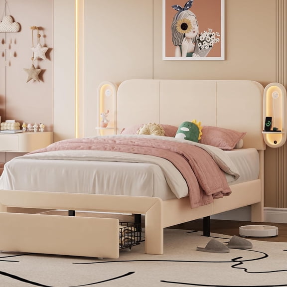 iPormis Twin Bed Frame with Storage Drawers and Side-Shelf Upholstered Headboard, Velvet Bed Frame with LED Lights, USB Port and Type-C Port,Beige