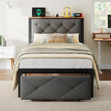 iPormis Twin Bed Frame with Storage Drawers, Linen Upholstered Headboard Platform Bed with Charging Station,Grey