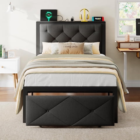 iPormis Twin Bed Frame with Storage Drawers, Linen Upholstered Headboard Platform Bed with Charging Station, No Box Spring Needed, Metal Slats Support, Noise-Free, Easy Assembly,Black