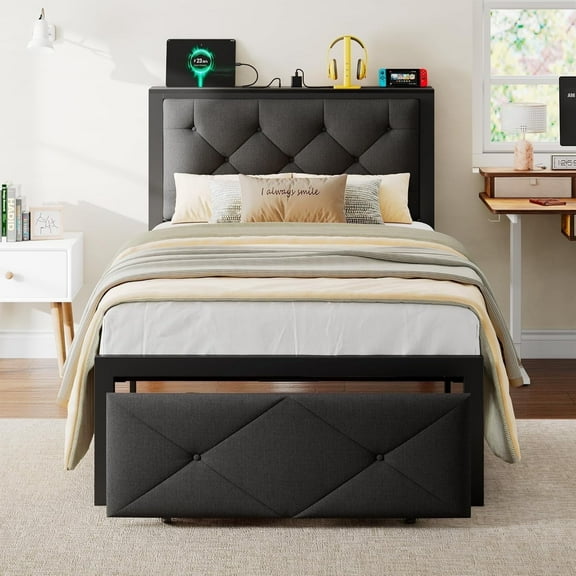 iPormis Twin Bed Frame with Storage Drawers, Linen Upholstered Headboard Platform Bed with Charging Station, Metal Slats Support,Black