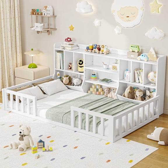 iPormis Twin Montessori Floor Bed with Bookcase, Storage Shelves & High Safety Rails, Wooden Floor Bed Frame, Easy Assembly,White