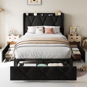 iPormis Twin Size Bed Frame with Charging Station , Upholstered Bed with 4 Storage Drawers, Black
