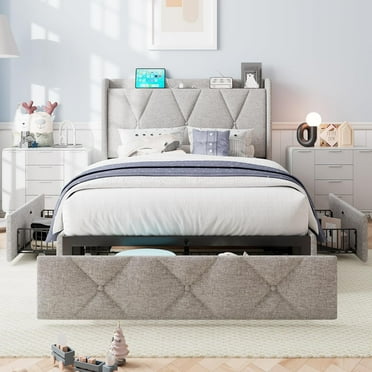 iPormis Twin Size Bed Frame with Charging Station , Upholstered Bed with 4 Storage Drawers, Light Grey