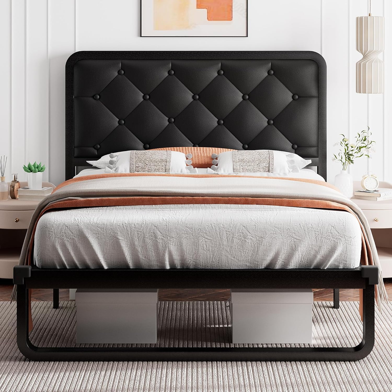 iPormis Twin Size Metal Bed Frame with Black Faux Leather Upholstered Headboard, 12'' Underbed Space,  Black