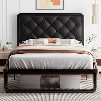 iPormis Twin Size Metal Bed Frame with Black Faux Leather Upholstered Headboard, 12'' Underbed Space,  Black