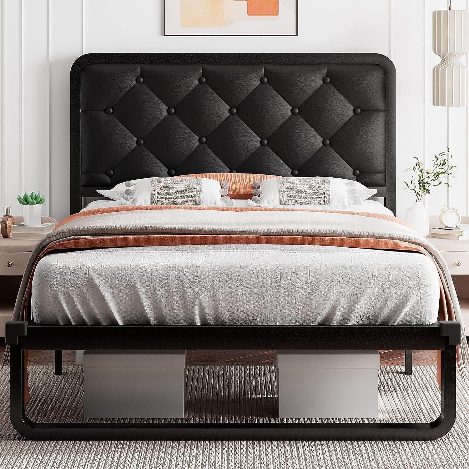 iPormis Twin Size Metal Bed Frame with Black Faux Leather Upholstered Headboard, 12'' Underbed Space,  Black