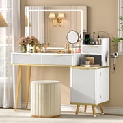 iPormis Vanity Desk with Mirror and Lights, Fluted Glass Top Makeup Vanity with 1X/5X Magnification and Charging Station /Adjustable Shelves for Women/ Girls  White