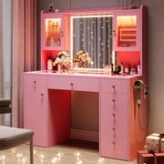iPormis Vanity Desk with Mirror and Lights, Glass Top Makeup Vanity with RGB Light and Charging Station for Girls ,Pink