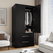 iPormis Wooden Armoire Wardrobe Closet with 2 Drawers, Clothing Storage Cabinet with Shelves Aluminum Hanging Rod, Sturdy Freestanding Modern Bedroom Clothing Armoires,Black