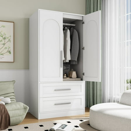 iPormis Wooden Armoire Wardrobe Closet with 2 Drawers, Clothing Storage Cabinet with Shelves Aluminum Hanging Rod, Sturdy Freestanding Modern Bedroom Clothing Armoires, White