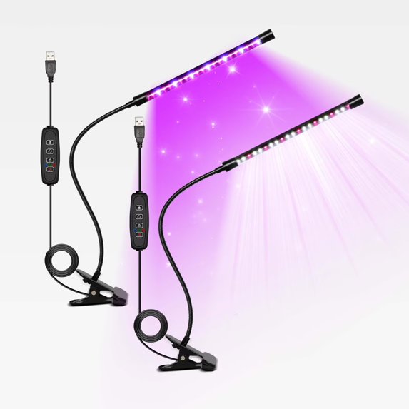 iPower 1 Tube Full Spectrum LED Grow Light for Indoor Plant, Clip Growing Lamp with 3 Light Modes&10 Dimmable Levels, Auto On Off Timing 6H/9H/12H, Red&Blue+White, 2 Pack
