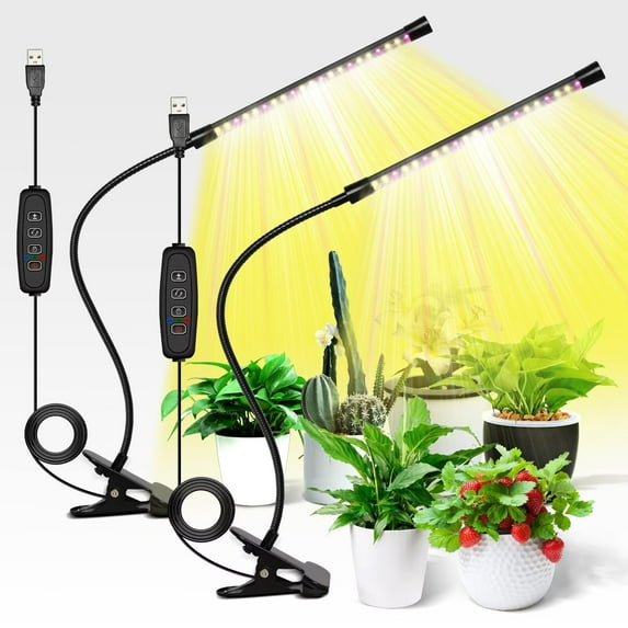 iPower 1 Tube LED Grow Light with Full Spectrum for Indoor Plants, Adjustable Gooseneck, 3 Light Modes&10 Dimmable Levels, 3 Auto Timing Modes, Yellow, 2 Pack