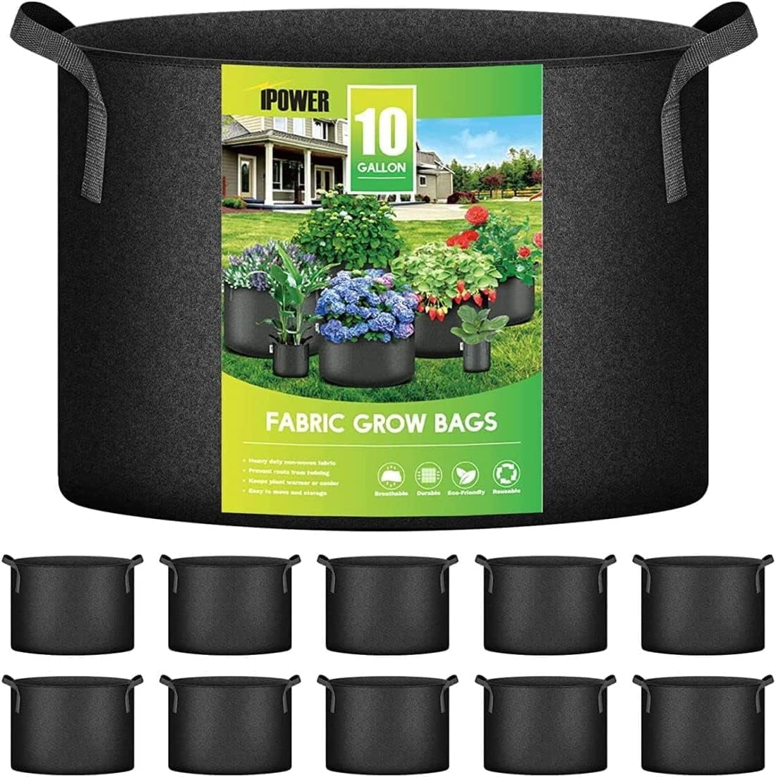 Black 10-Gallon Nonwoven Fabric Grow Bags with Handles, 10-Pack