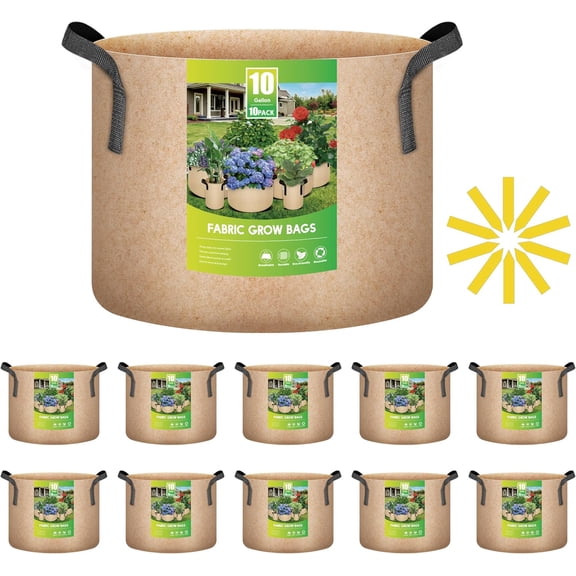 iPower 10-Pack 10 Gallon Plant Bags Heavy Duty Thickened Nonwoven Fabric Potato Growing Pot, Aeration Durable Container with Reinforced Strap Handles, Tan