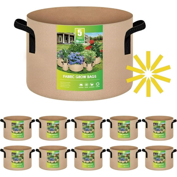 iPower 10-Pack 5 Gallon Plant Grow Bags Thickened Nonwoven Aeration Fabric Container Durable Pots, Strap Handles for Garden, Tan