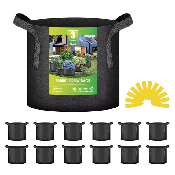 iPower 12-Pack 3 Gallon Plant Grow Bags Heavy Duty Durable Pots Thickened Nonwoven Aeration Fabric Container, Strap Handles for Garden, Black
