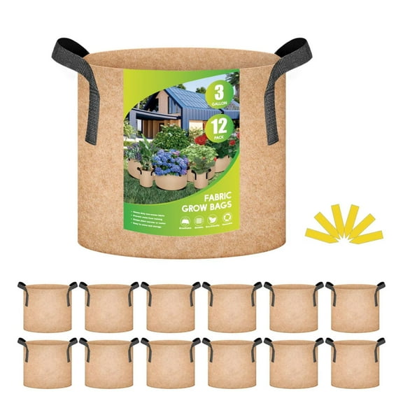 iPower 12-Pack 3 Gallon Plant Grow Bags Thickened Nonwoven Aeration Fabric Container Durable Pots, Strap Handles for Garden, Tan