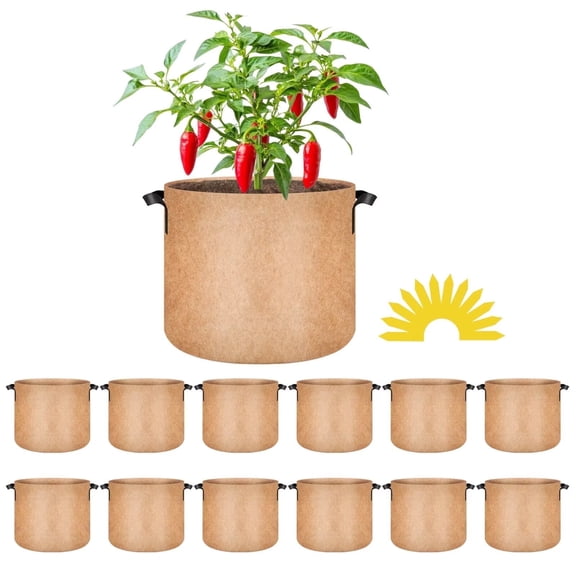 iPower 12-Pack 7 Gallon Plant Grow Bags Thickened Nonwoven Aeration Fabric Container Durable Pots, Strap Handles for Garden, Tan, Round