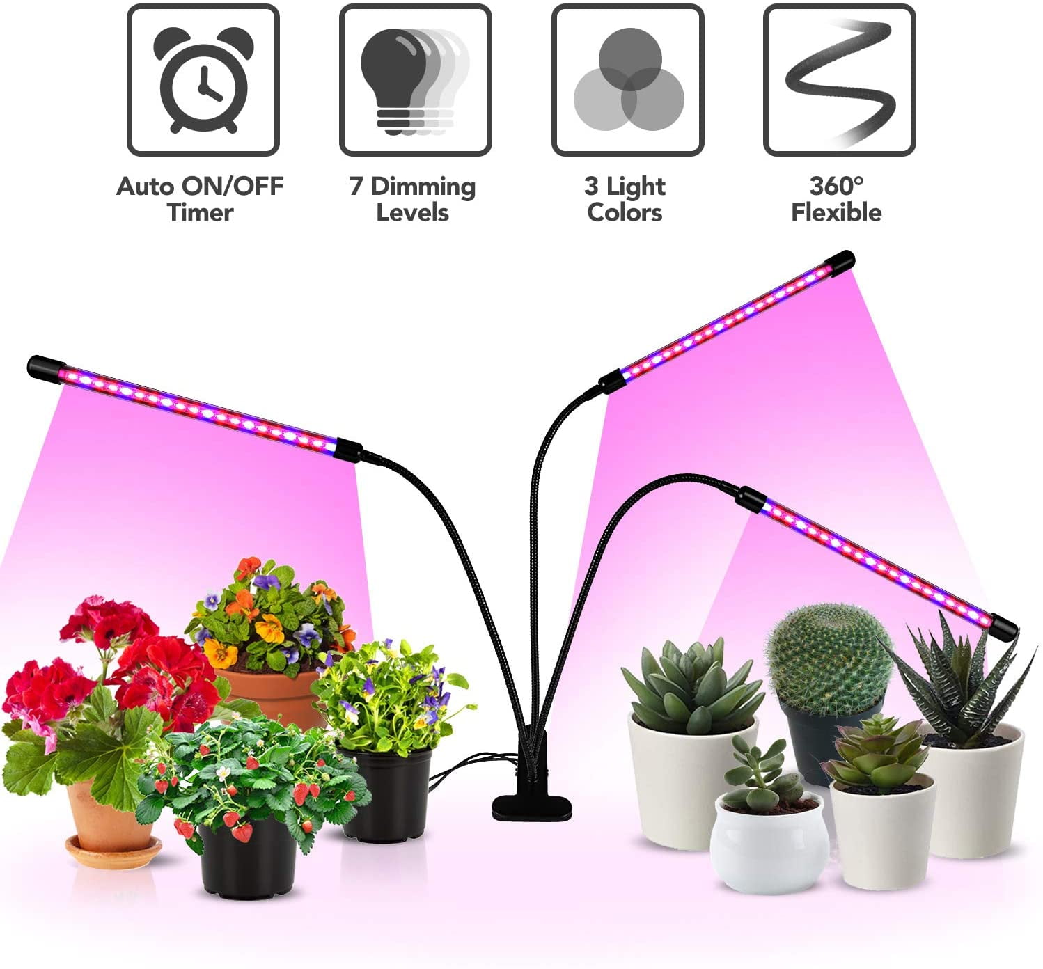 Grow Light,4 Head Grow Lights for Indoor Plants with Red Blue Spectrum,  4/8/12H Timer, 10 Dimmable Brightness for Indoor Succulent Plants Growth, 3