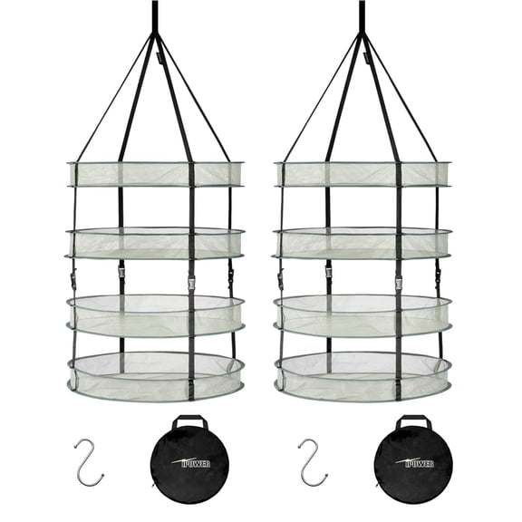 iPower 2 Feet 4 Layer Herb Drying Rack Hanging Foldable Dry Net with Heavy Duty Rings and Carrying Bag, for Plants, Seeds, and Buds, Green, 2-Pack