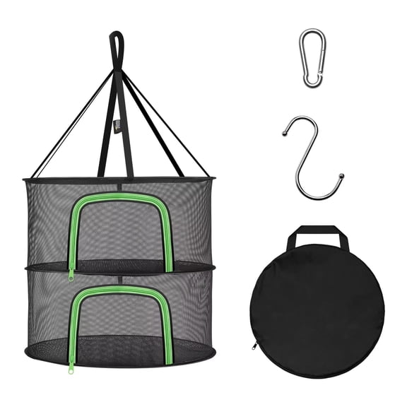 iPower 2-Layer 2-Feet Collapsible Hanging Mesh Net Dryer Rack with U-Shape Zippers, Pothook, Carabiner & Storage Pouch - for Hydroponics, Flowers, Buds, Fruits, Seafood, Clothes.