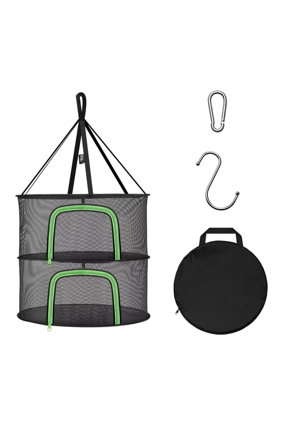2-Layer 2-Feet Collapsible Hanging Mesh Net Dryer Rack with U-Shape Zippers, Pothook, Carabiner & Storage Pouch - for Hydroponics, Flowers, Buds, Fruits, Seafood, Clothes.